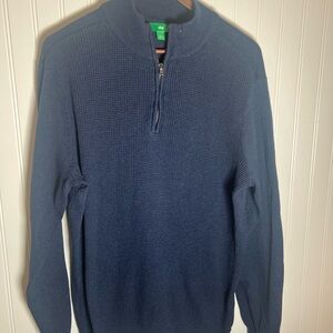 Men's Blue Quarter-Zip Sweater 100% Cotton Waffle Knit Size L